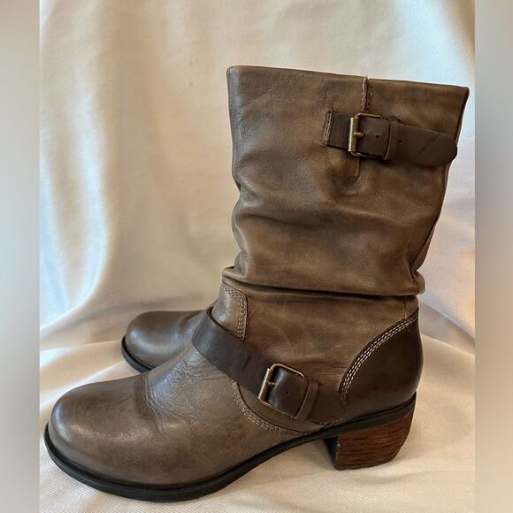 Leather Slouch Ankle Boots Gray Brown Moto Buckle Lug Block Heel SZ 10.5 - Picture 4 of 11